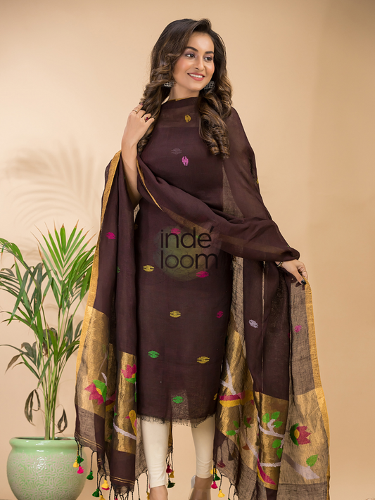 Espresso Brown | Handloom Jamdani Linen Unstitched 2-Piece Kurti | Paithani Design