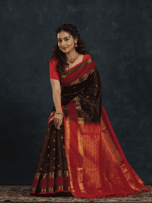 Pure Handloom Korvai Saree | Deep Chocolate Brown and rich Red