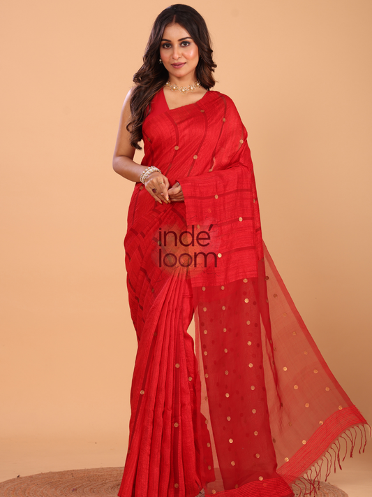 Handwoven Pure Jamdani Silk Saree | Classic Red