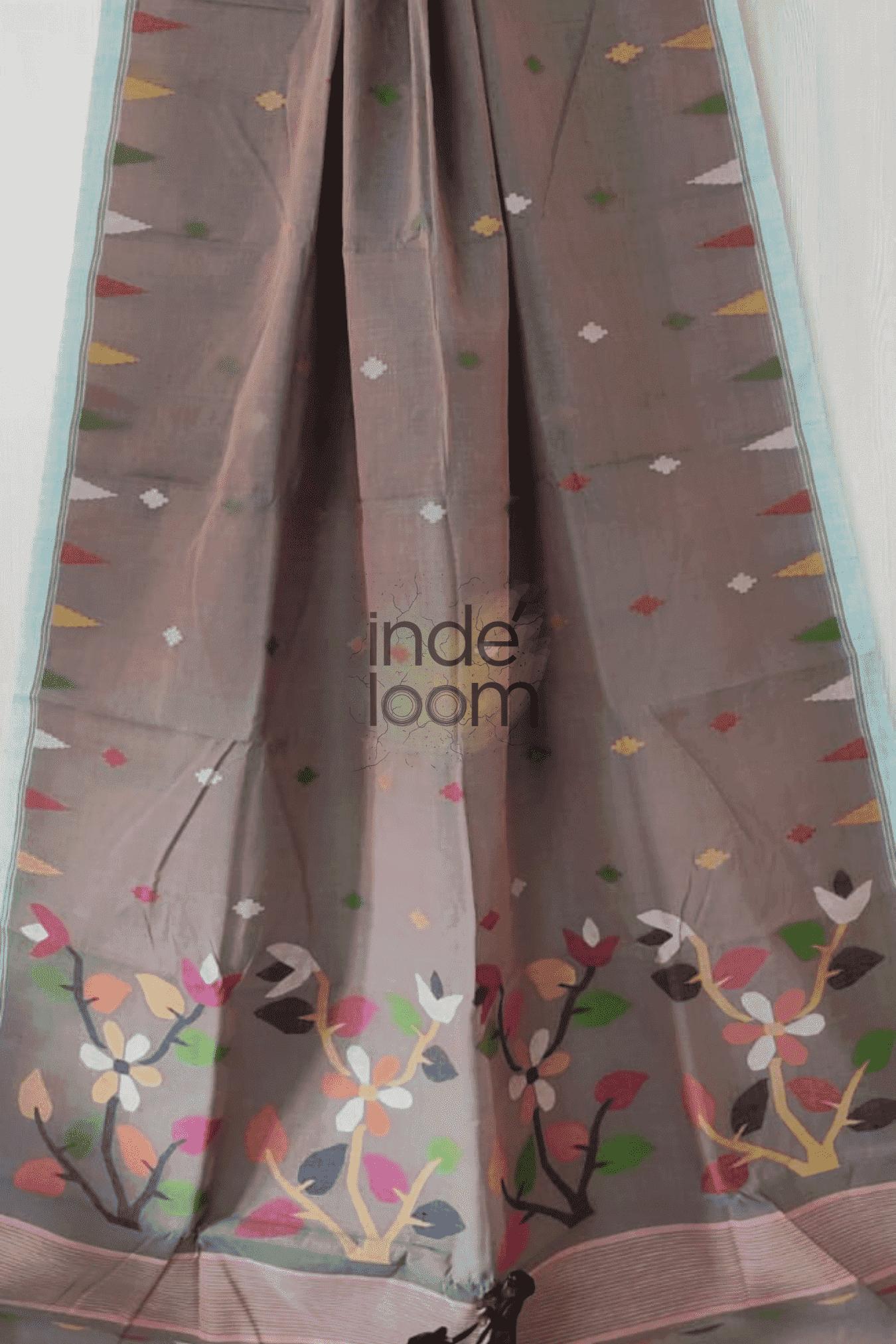 Floral Lava Gray Bengal Pure Cotton Jamdani Saree-016 - indeloom
