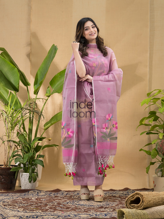 Pastel Rose | Handloom Jamdani Muslin Unstitched 2-Piece Kurti | Classic Design