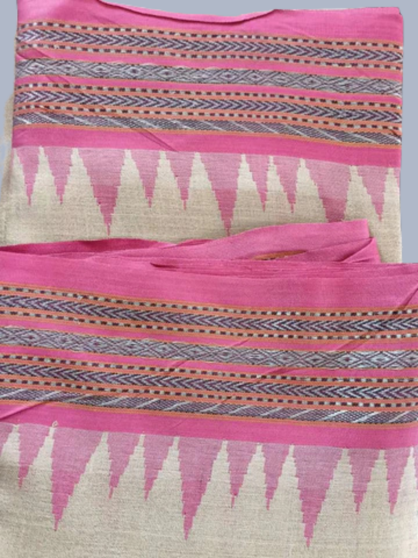 Baby Pink Handloom Vidarbha Tussar Silk Saree with Multicolor Contrast Border -084