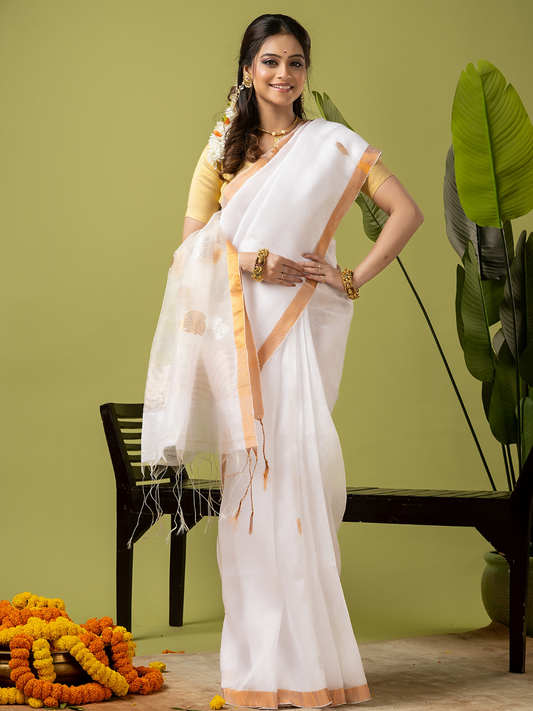 Pure Jamdani Linen Saree | Snow White and White | Half and Half style with Contrast Border