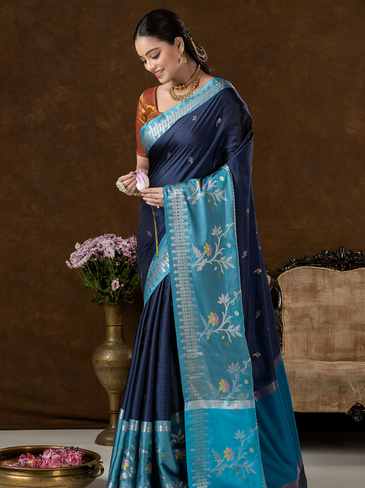 Classic Benarasi Semi Silk Saree | Deep Navy Blue