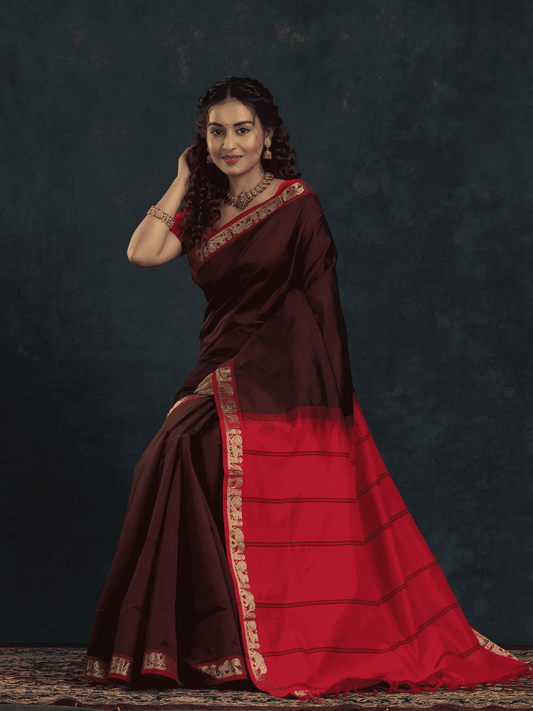 Pure Handloom Korvai Saree | Classic Korvai | Red and Brown
