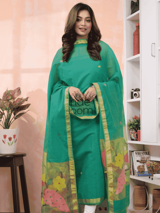 Emerald Green Paithani Muslin Jamdani 2-Piece Set Kurti Dupatta (UNSTITCHED) -579 - indeloom