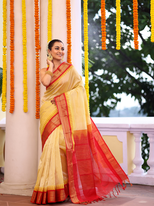 Pure Handloom Korvai Saree | Golden Yellow and Red