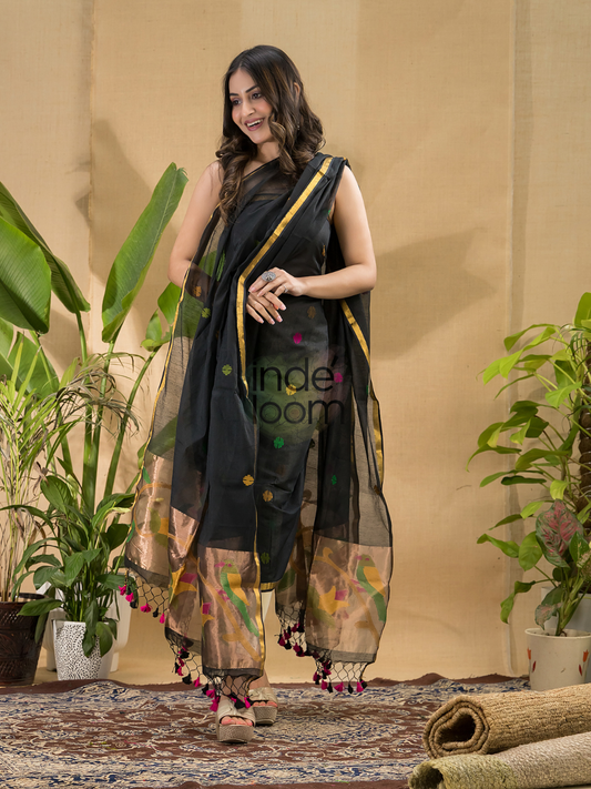 Deep Black | Handloom Jamdani Muslin Unstitched 2-Piece Kurti | Paithani Design