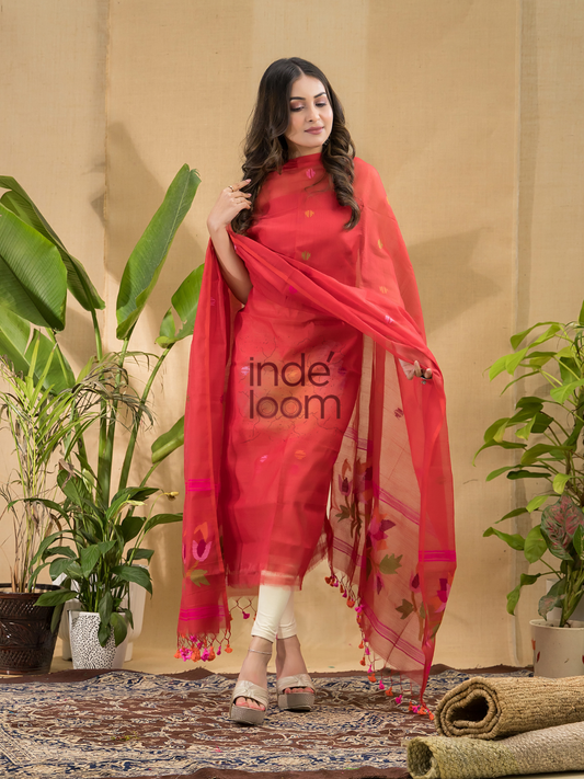 Cherry Flame | Handloom Jamdani Muslin Unstitched 2-Piece Kurti | Tantuj Design