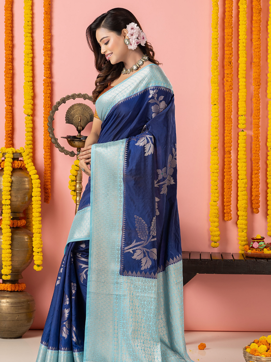 Classic Benarasi Semi Silk Saree | Deep Navy Blue