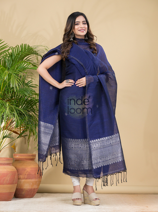 Royal Navy | Handloom Jamdani Muslin Unstitched 2-Piece Kurti | Classic Design