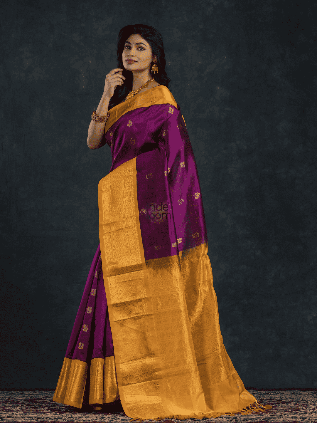 Pure handloom Korvai Silk Cotton Saree in Plum Purple and Golden Yellow Border - 110