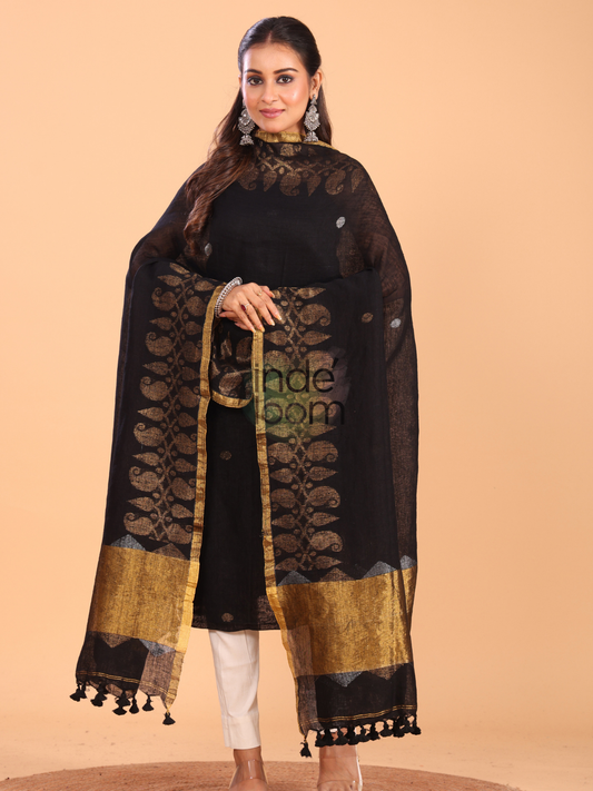 Deep Black | Handloom Jamdani Linen Unstitched 2-Piece Kurti