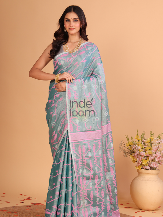 Tissue Jamdani Saree With  Teal Green - 109