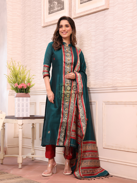 Teal Green | Handloom Jamdani Linen Unstitched 2-Piece Kurti | Baluchari Design