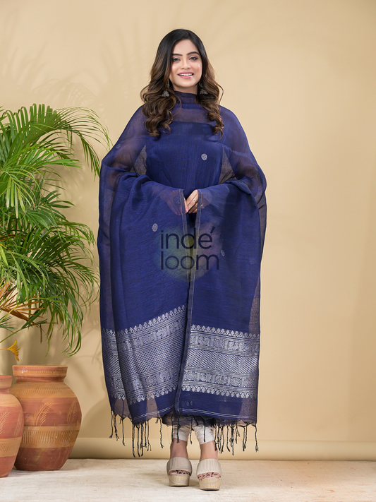 Royal Navy | Handloom Jamdani Muslin Unstitched 2-Piece Kurti | Classic Design