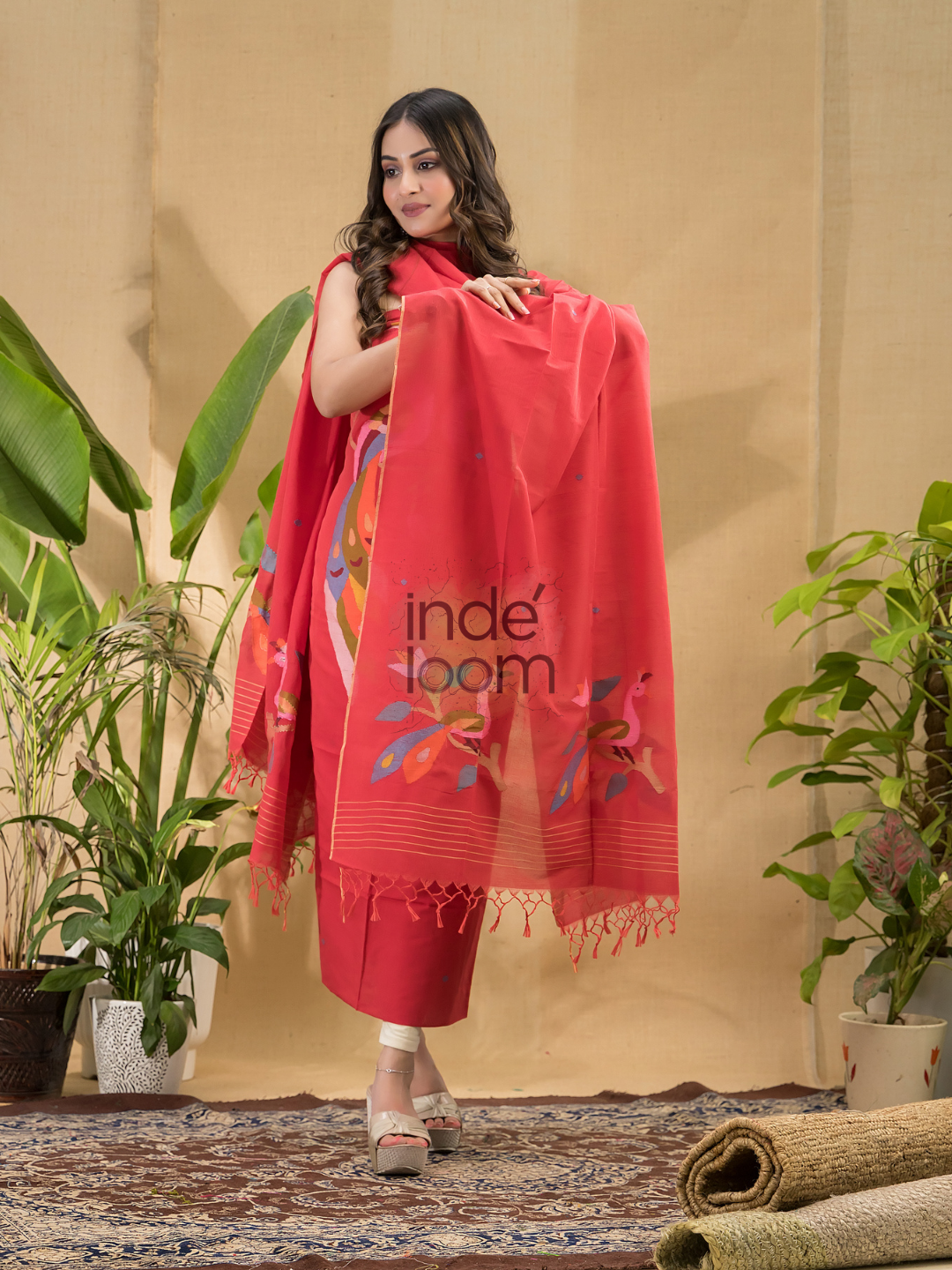 Apple Red Jamdani 2-Piece Set Kurti & Dupatta (UNSTITCHED) -772