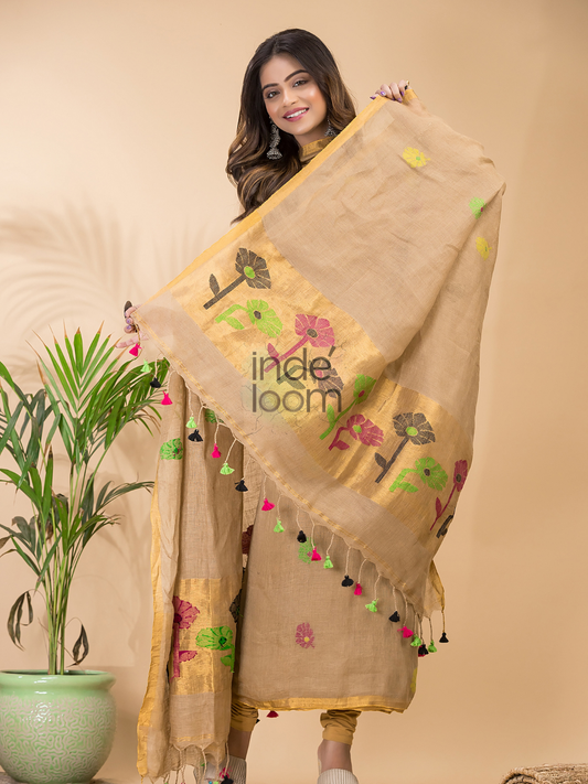Handwoven Jamdani Linen Unstitched 2-piece Kurti | Peach Orange