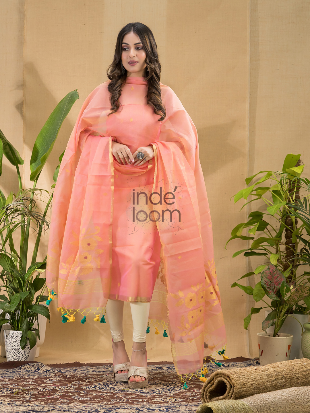 Saffron Orange Jamdani 2-Piece Set Kurti & Dupatta (UNSTITCHED) -767