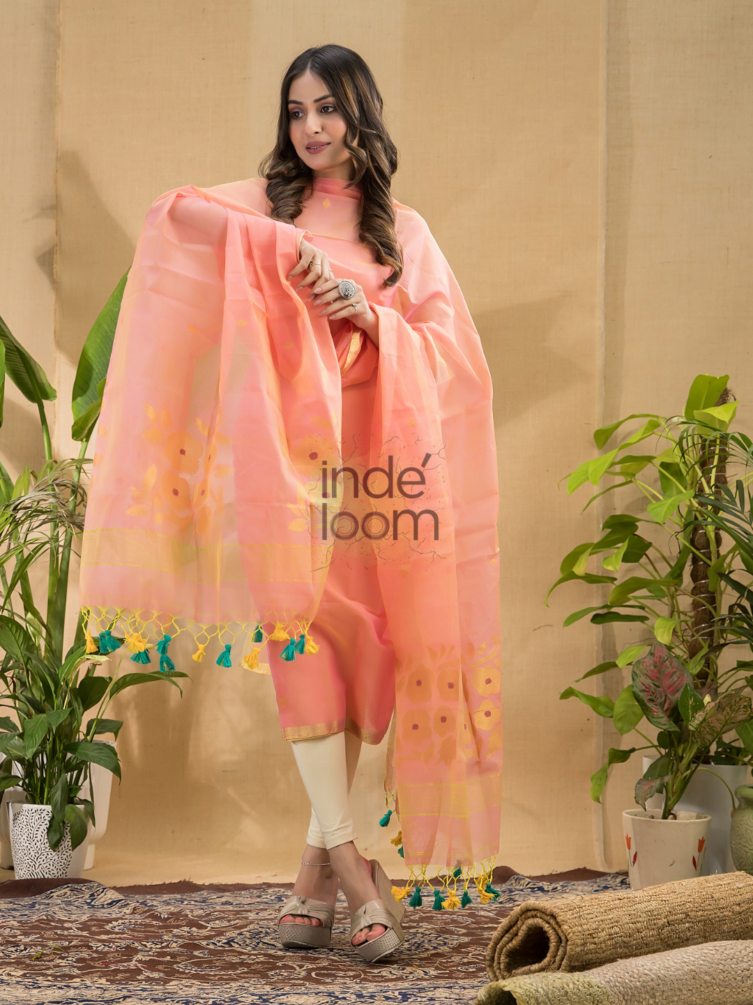 Saffron Orange Jamdani 2-Piece Set Kurti & Dupatta (UNSTITCHED) -767