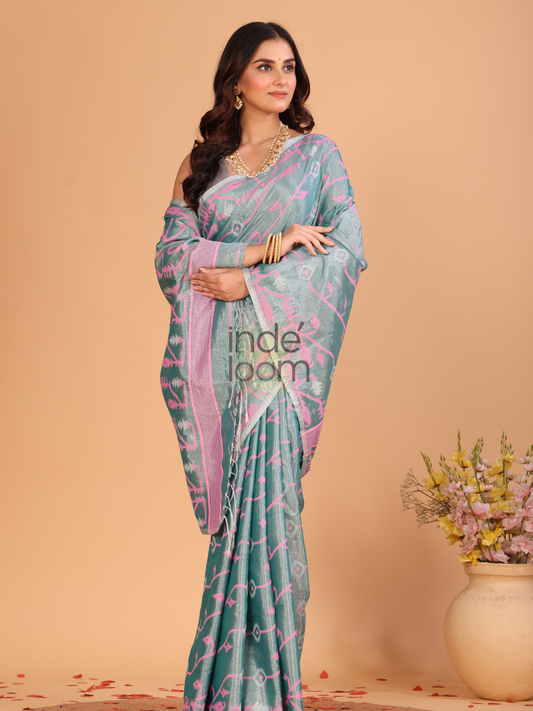 Tissue Jamdani Saree With  Teal Green - 109