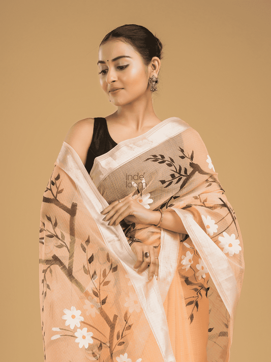Kota Doria Handpainted Saree With Pale Orange - 006 - indeloom