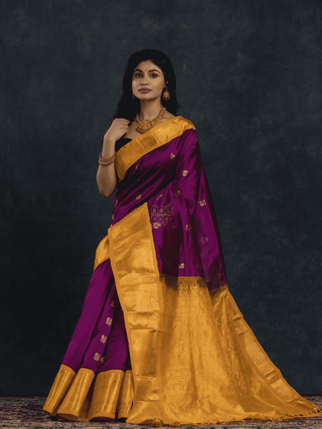 Pure handloom Korvai Silk Cotton Saree in Plum Purple and Golden Yellow Border - 110