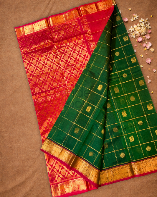 Handloom Korvai Silk Cotton Saree | Bottle Green
