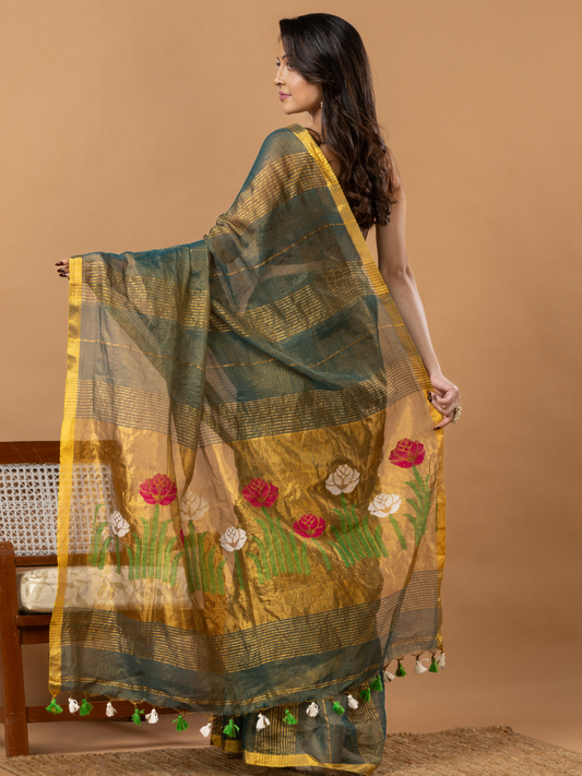 Handwoven Jamdani Silk Tissue Linen Saree | Deep Teal