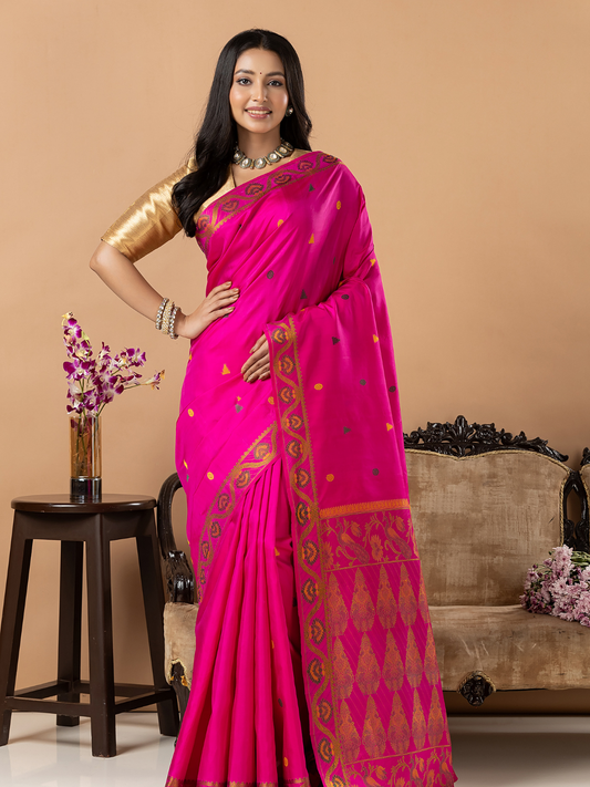 Handloom Kanjivaram Silk Saree | Fuchsia Pink