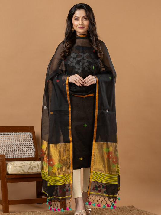 Handwoven Jamdani Muslin Unstitched 2-Piece Kurti | Jet Black