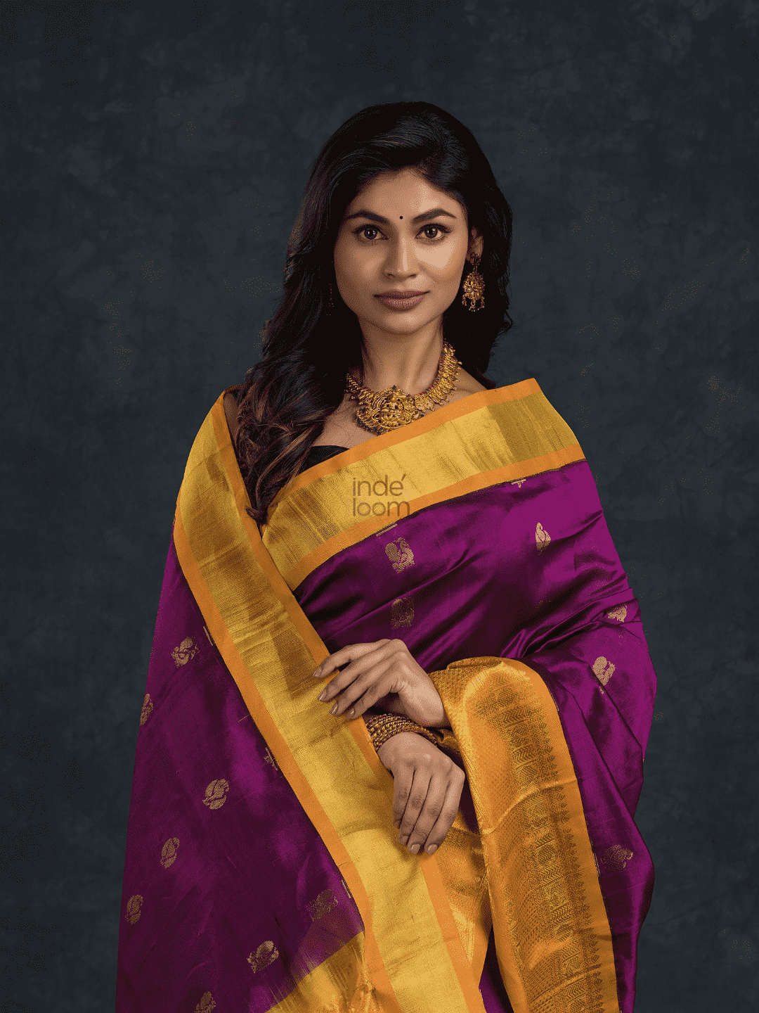 Pure handloom Korvai Silk Cotton Saree in Plum Purple and Golden Yellow Border - 110