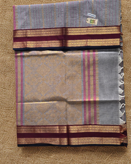 Kanchi Cotton|Grey & Maroon