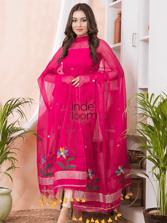 Deep Pink Jamdani 2-Piece Set Kurti & Dupatta (UNSTITCHED) -490 - indeloom