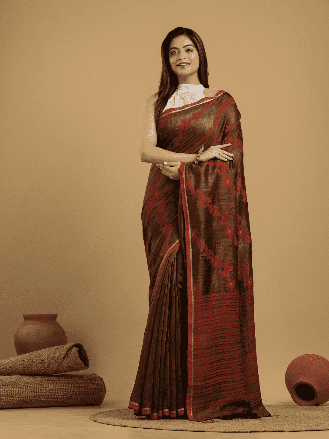 Red Brown Matka Silk Jamdani Saree - 049