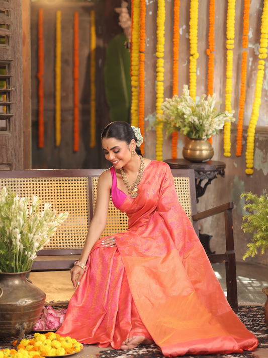 Padma Roopa - Coral lotus-toned drape with bird motifs