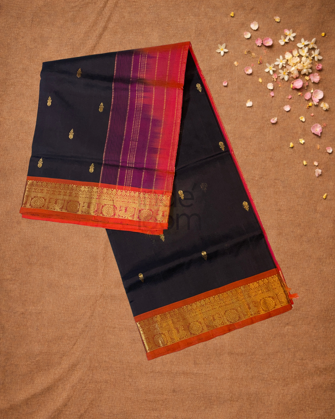 Handloom Korvai Silk Cotton Saree | Midnight Black