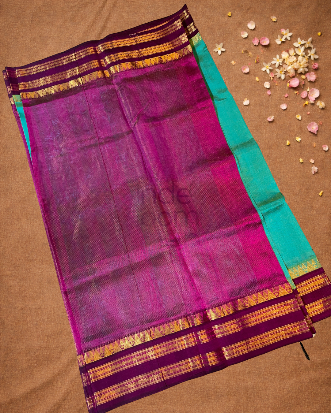 Handloom Korvai Silk Cotton Saree | Peacock Teal