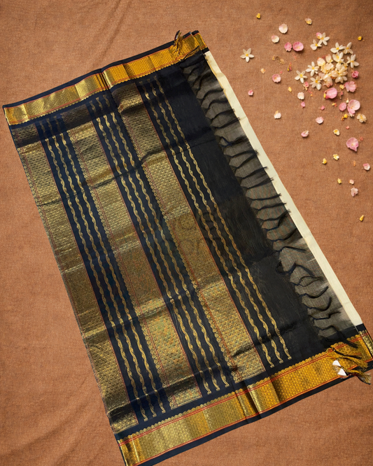 Handloom Korvai Silk Cotton Saree | Warm Ivory