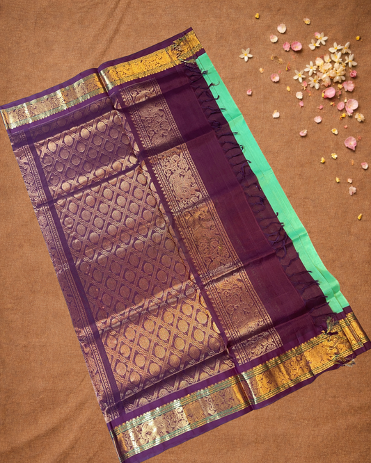 Handloom Korvai Silk Cotton Saree | Lime Green