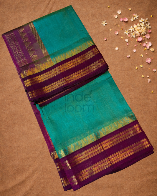 Handloom Korvai Silk Cotton Saree | Peacock Teal