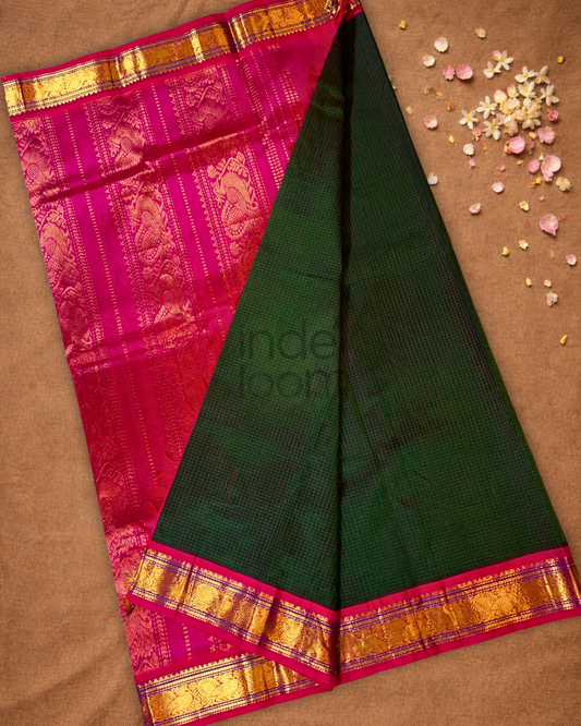 Handloom Korvai Silk Cotton Saree | Bottle Green