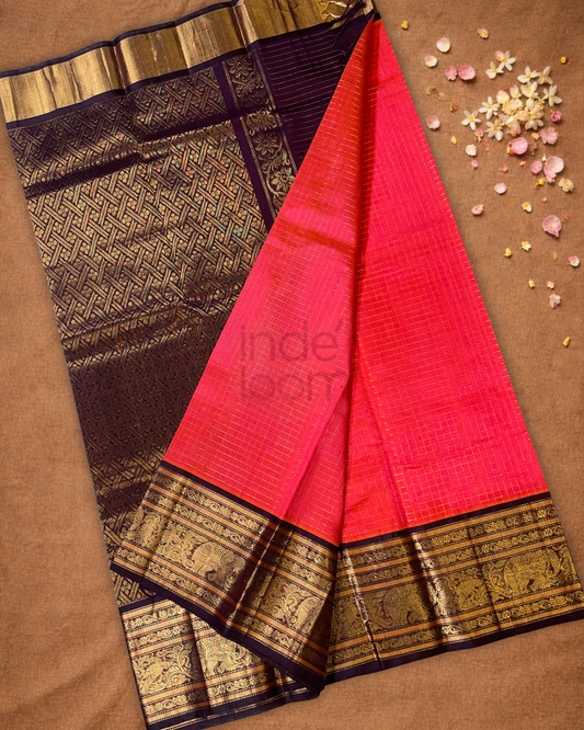 Handloom Korvai Silk Cotton Saree | Coral Red