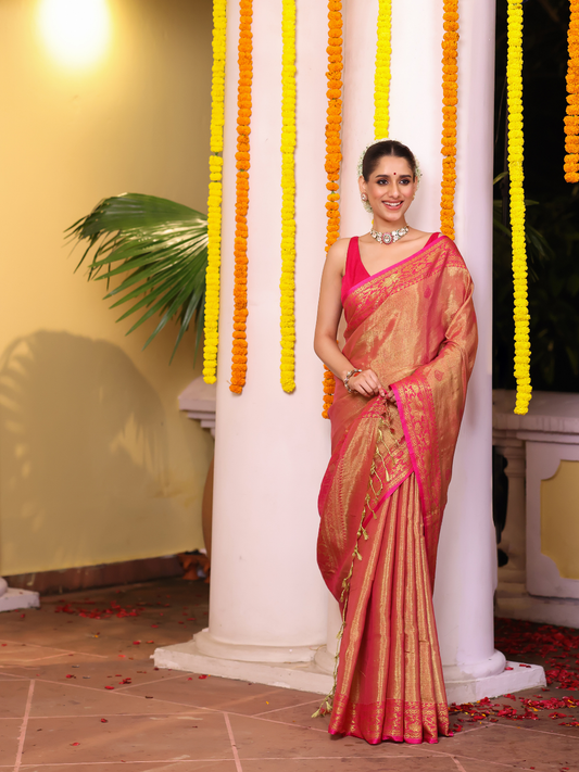 Tissue Silk Jamdani Saree With Rich Pinkish-Red - 113