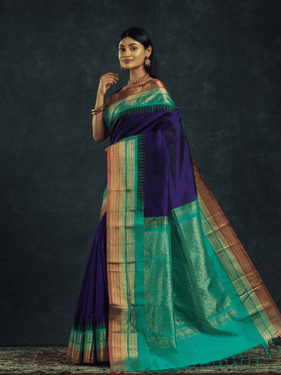 Pure Handloom Korvai Silk Cotton Saree in Rich Sapphire Blue and Teal Moss with Golden temple Border - 138