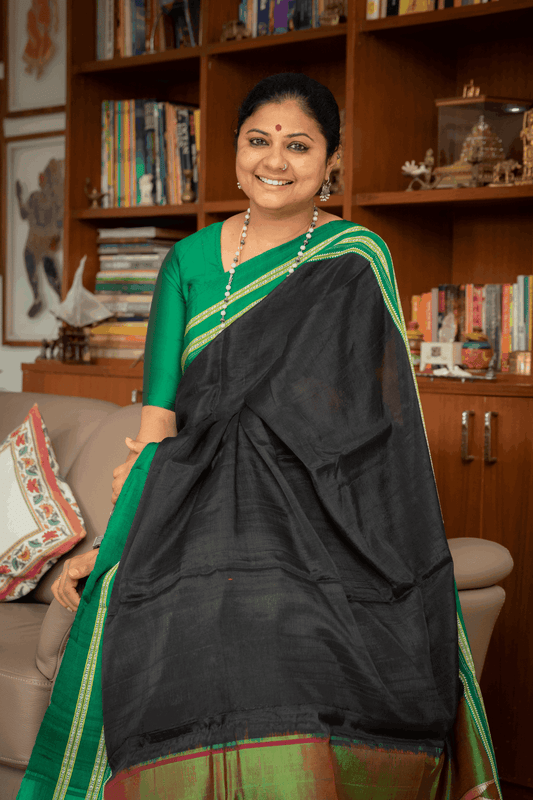 Traditional Ilkal Cotton Silk Viscose Saree | Midnight Black