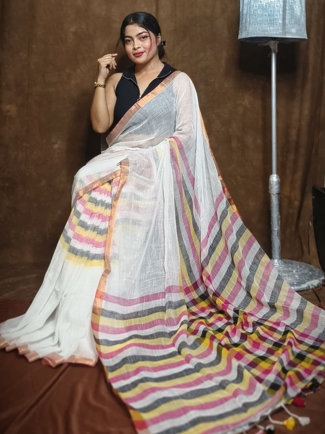 Pure Handloom Linen Saree | Cream Beige