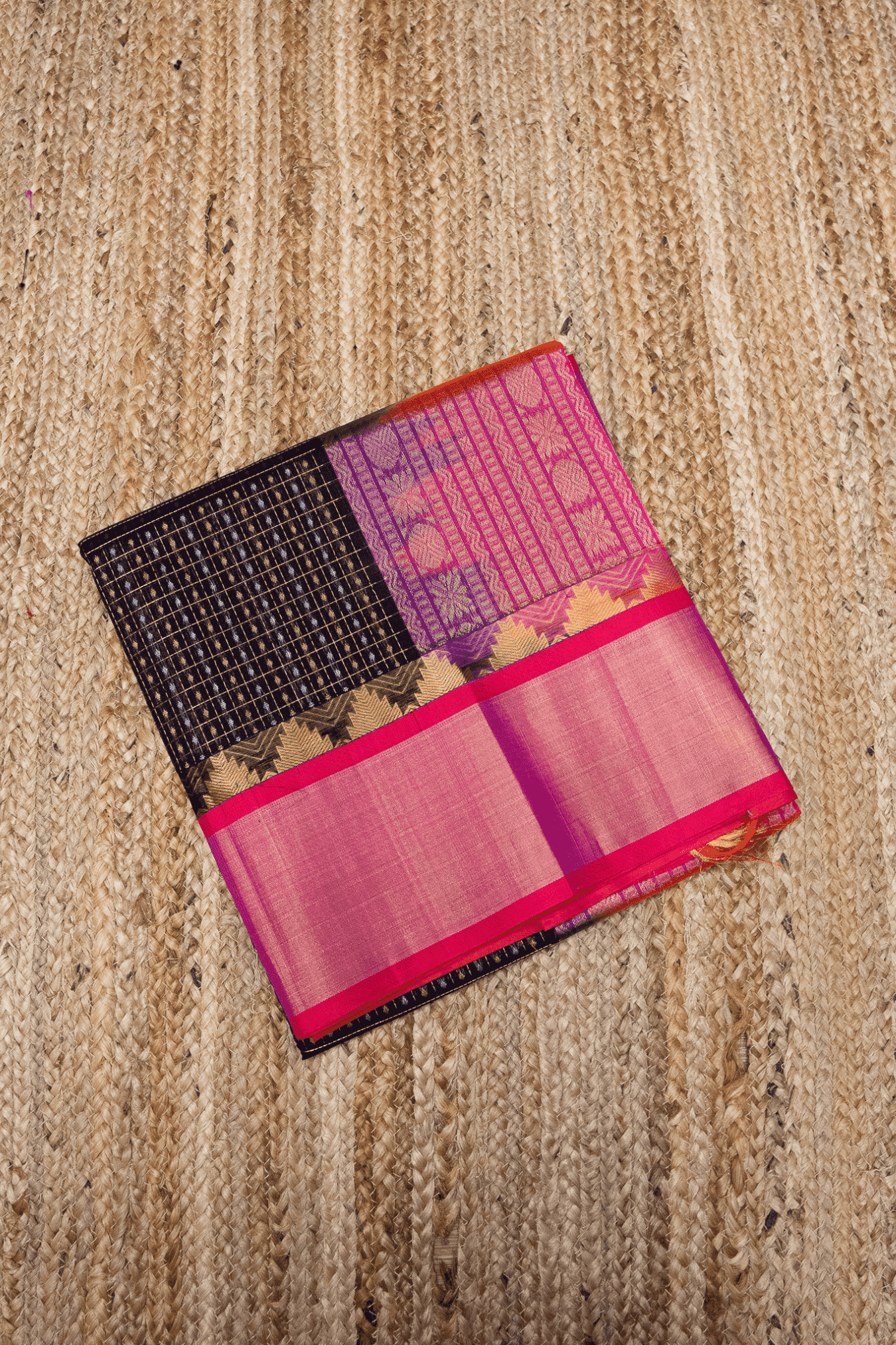 Pure Handloom Korvai Silk Cotton Lakshadeepam Saree in Rich Chocolate Brown and Multishade Pink Border - 146