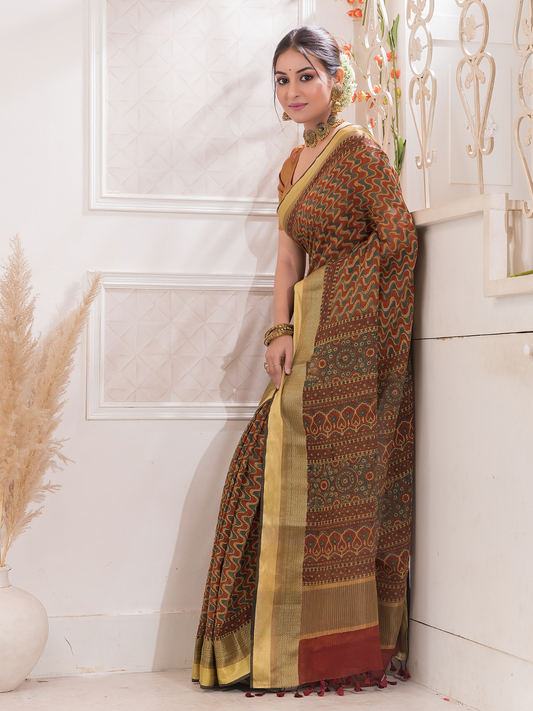 Ajrakh Exclusive Designer Modal Silk in  Coffee Brown -054