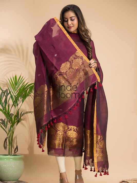 Maroon | Handloom Jamdani Linen Unstitched 2-Piece Kurti | Benaras Design